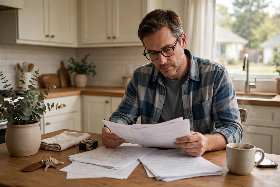 homeowner reviewing window replacement quote papers at a kitchen table