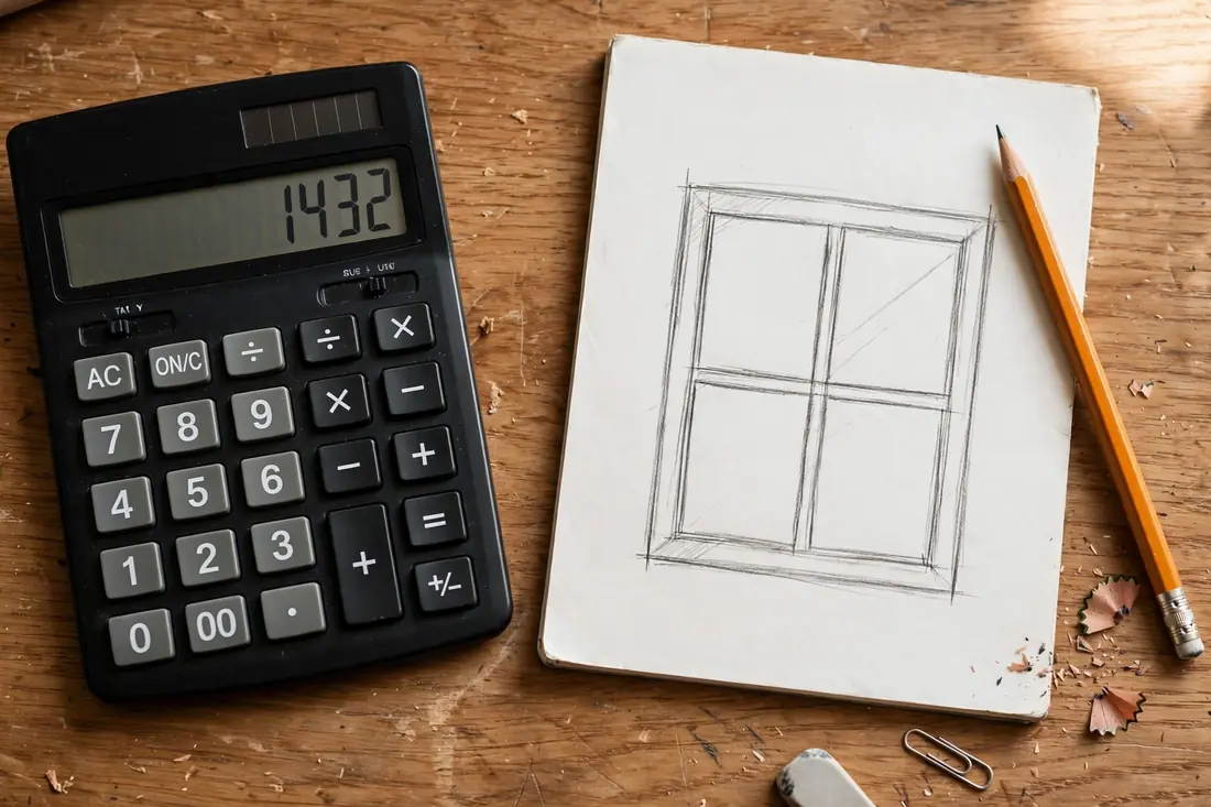 calculator and notepad with a hand-drawn window diagram for cost planning
