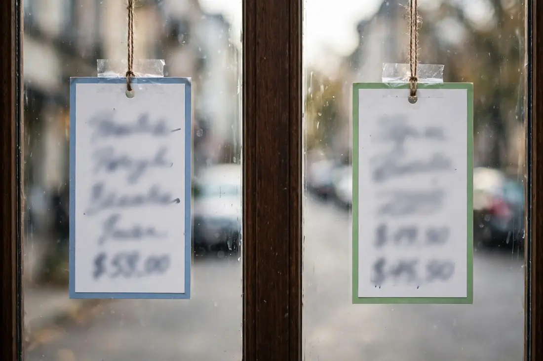 close-up comparison of two window price tags, text blurred