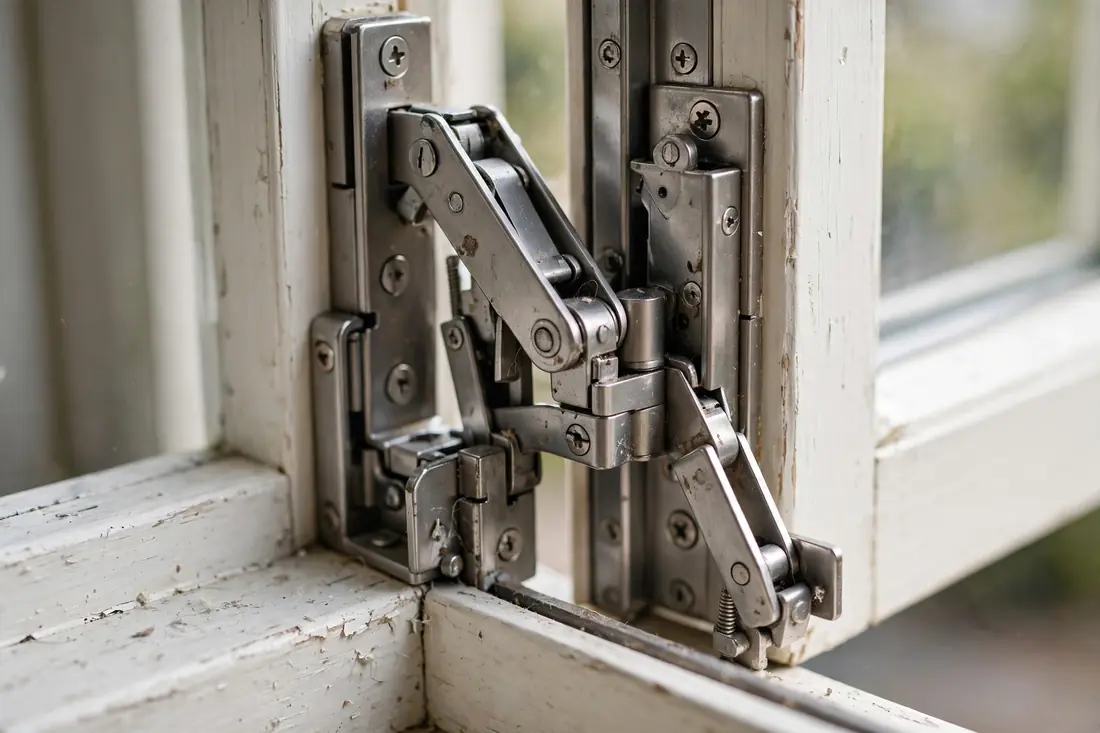 open casement window with crank handle overlooking a garden