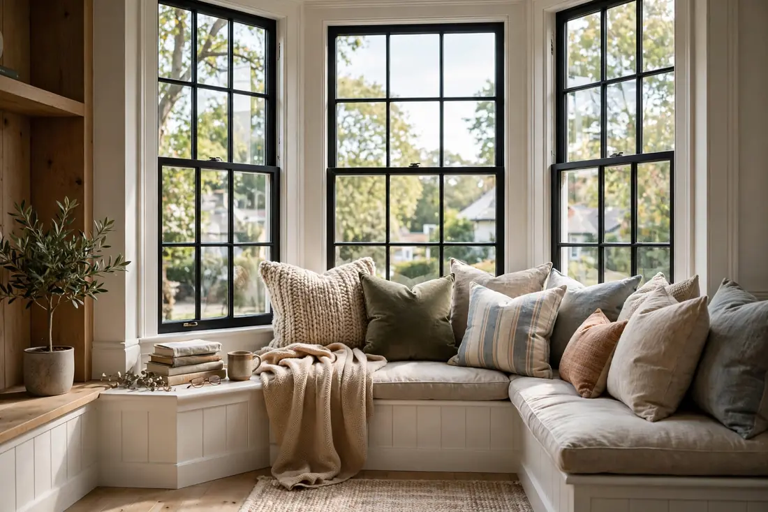 Elegant bay window projecting from a home exterior, daylight