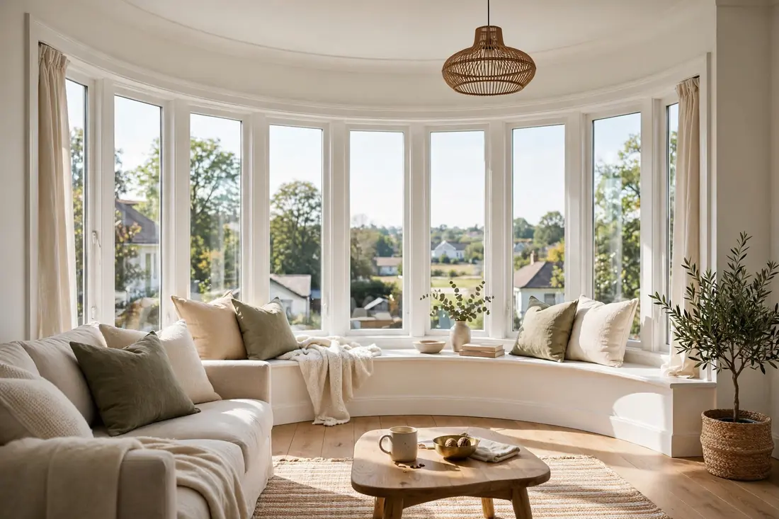 Interior view of a bay window reading nook with seat cushions