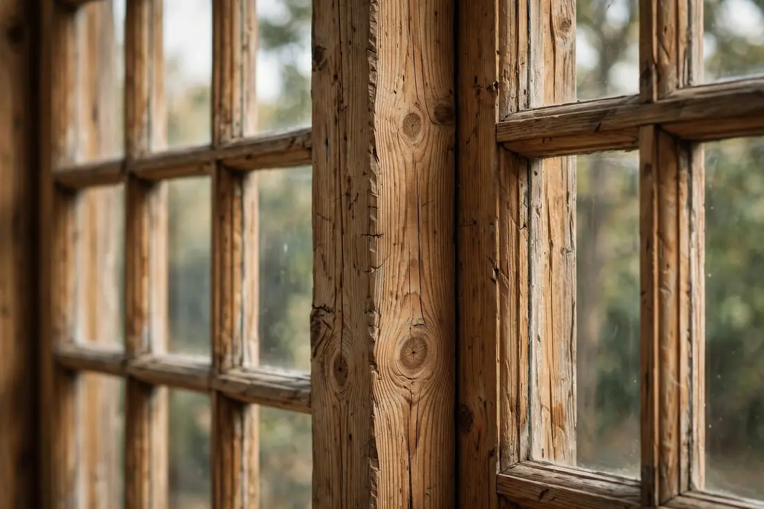 Carpenter staining a wood window frame, visible grain detail