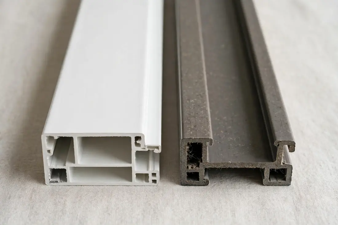 Fiberglass window unit displayed at a showroom next to vinyl samples