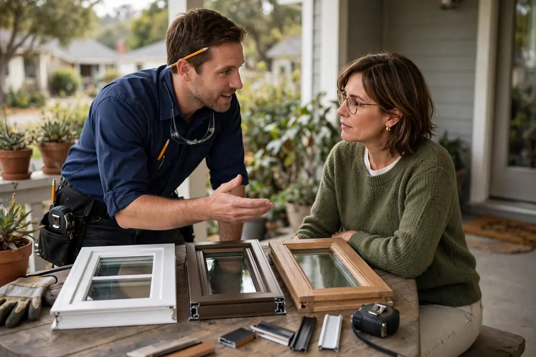 Contractor explaining full-frame and retrofit options to a homeowner