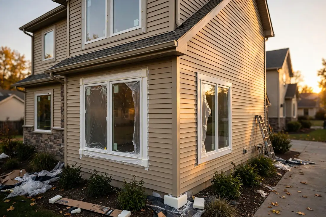 Installation crew fitting windows across a house facade during daytime